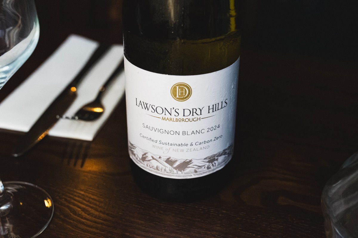 A bottle of Lawson's Dry Hills Sauvignon Blanc on the table