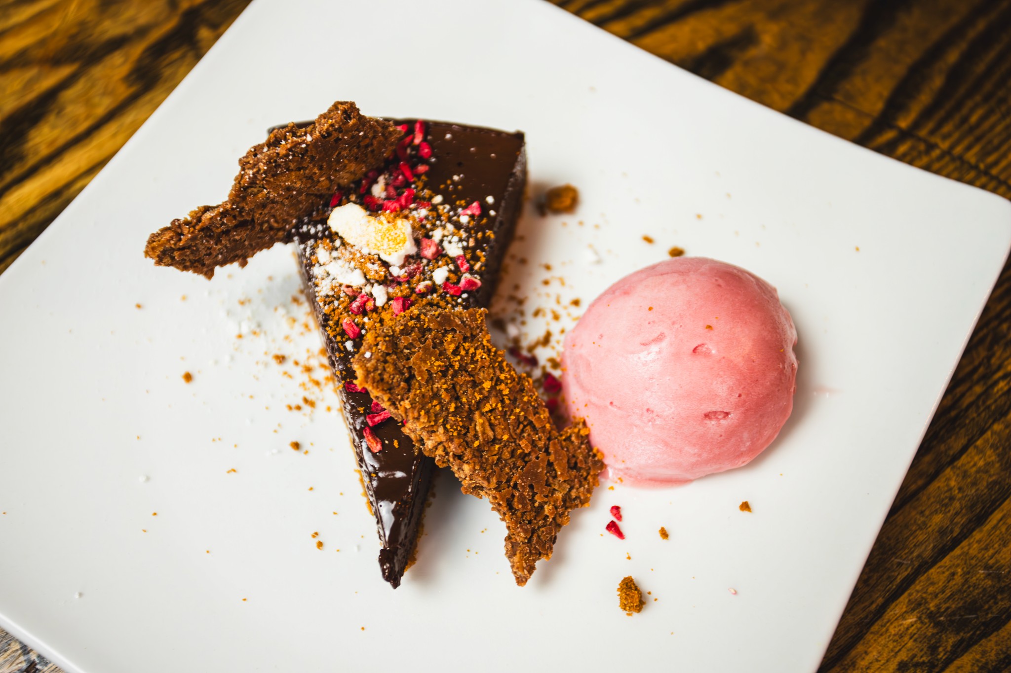 Chocolate tart with raspberry sorbet